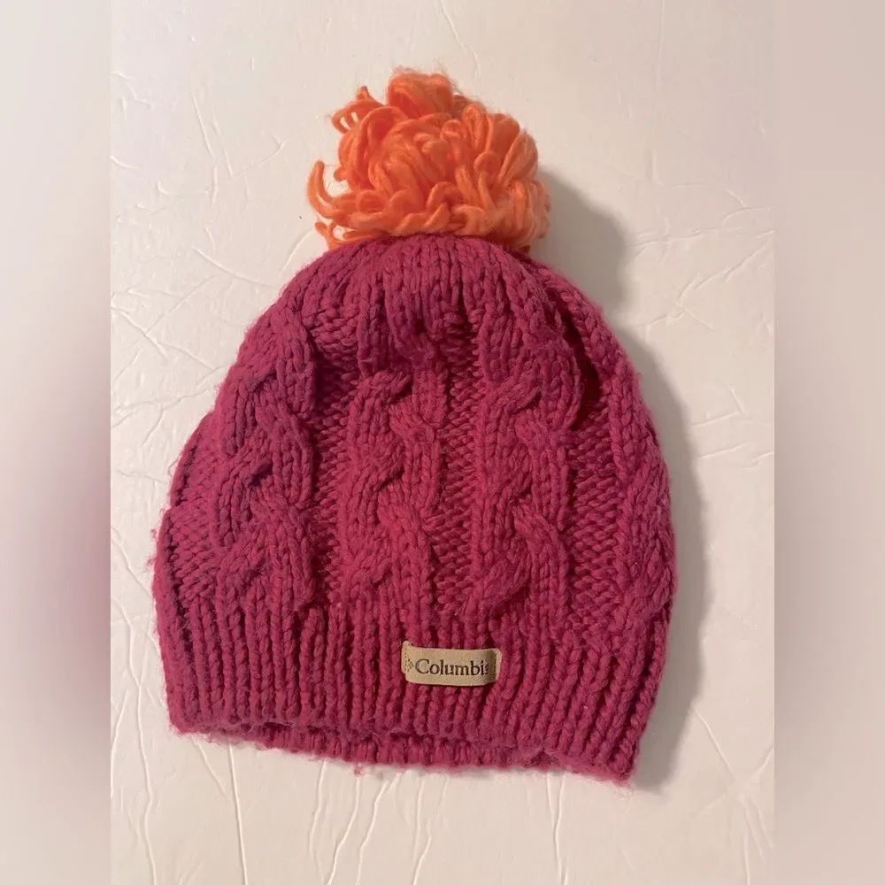 Columbia Cable Knit Fleece lined hot pink beanie hat youth kids girls O/S